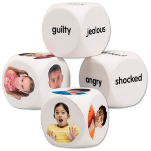 emotion cubes with pictures and words of emotions on white background