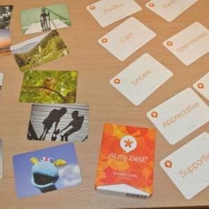At My Best Strengths Cards shown in a table with images and word cards