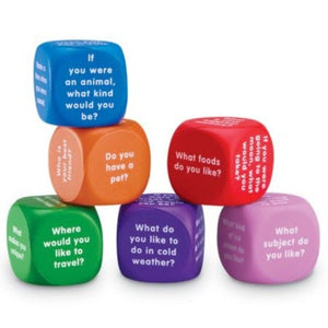 foam conversation dice multiple colors with white writing